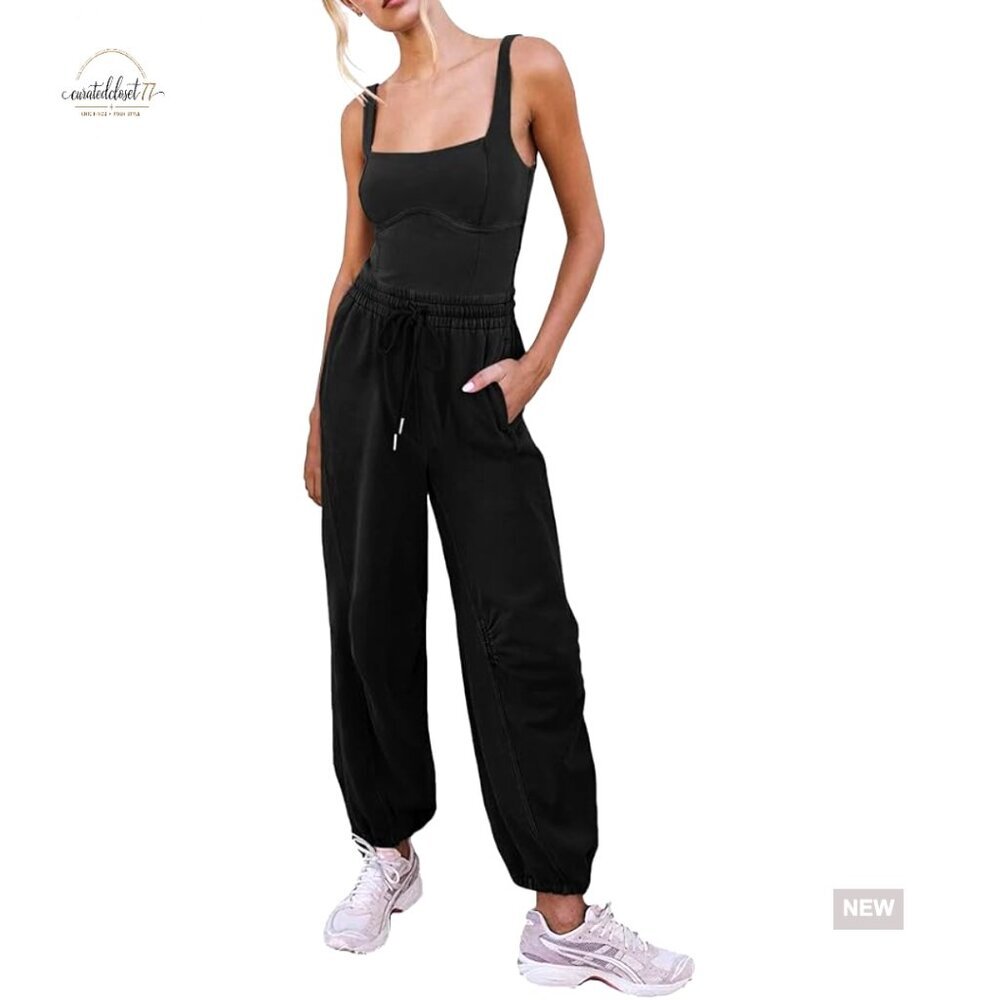 Large Sleeveless Jumpsuit Square Neck Drawstring Waist Pockets Romper